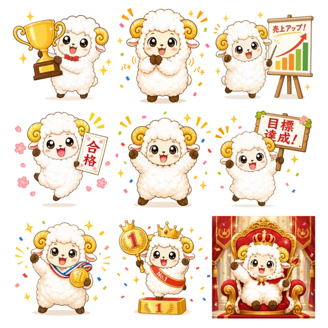 合格・達成・優勝を描いた羊イラスト9種類の一覧（背景透過PNG）