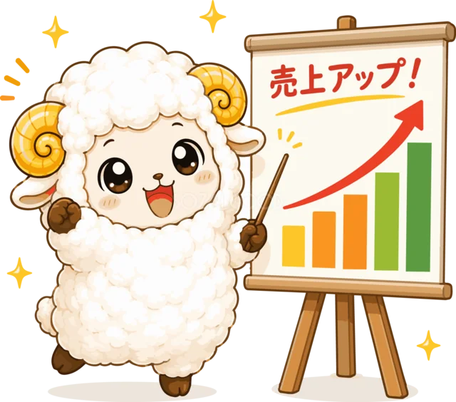 右肩上がりのグラフで売上アップを示す羊（背景透過PNG）
