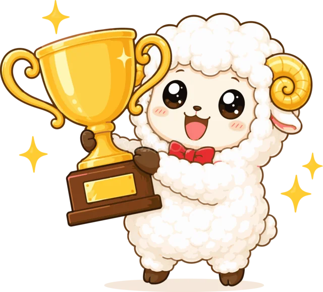 大きな金色の優勝トロフィーを持つ羊（背景透過PNG）