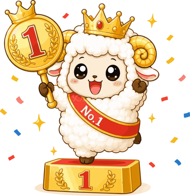 王冠をかぶり1位の表彰台に立つ羊（背景透過PNG）