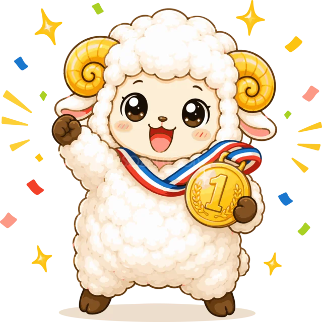 金メダルを首に掛けてガッツポーズする羊（背景透過PNG）
