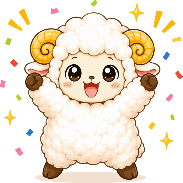 両手を上げて成功を喜ぶかわいい羊（背景透過PNG）