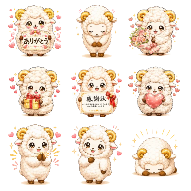ありがとう・感謝を伝えるかわいい羊9種類セット（背景透過PNG）