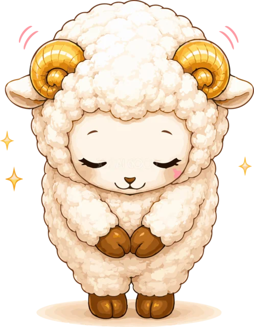 目を閉じて丁寧にお辞儀するかわいい羊（背景透過PNG）