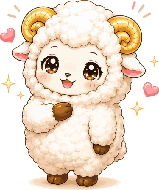 胸に手を当てハートと笑顔で感謝する羊（背景透過PNG）