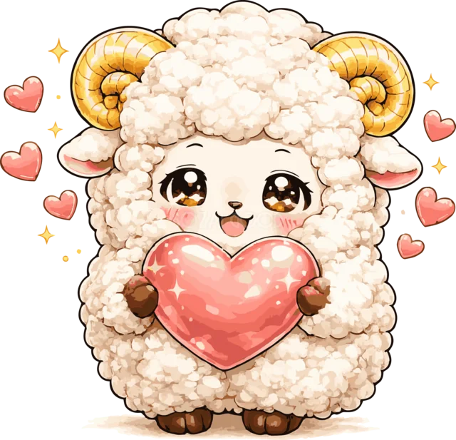 大きなピンクのハートを抱えて感謝を伝える羊（背景透過PNG）
