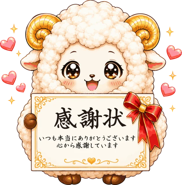 赤いリボン付きの感謝状を持つかわいい羊（背景透過PNG）