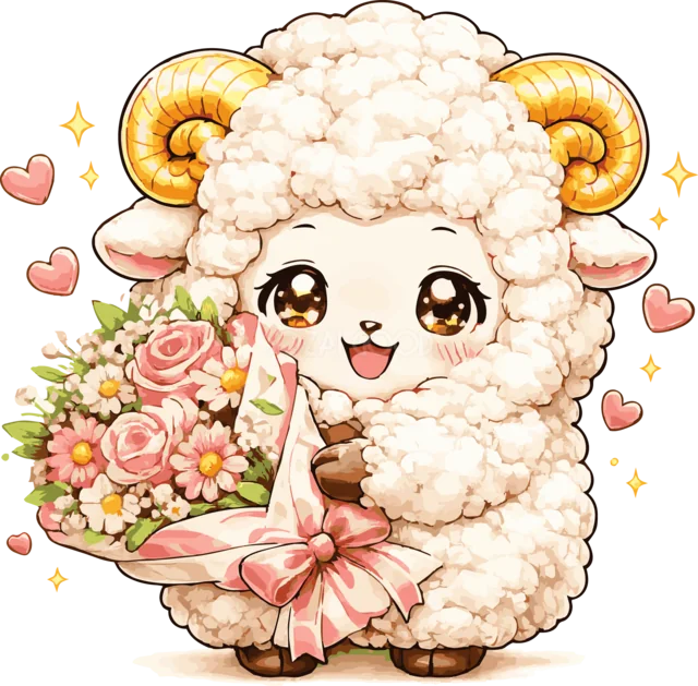 ピンクの花束を抱えてありがとうを伝える羊（背景透過PNG）