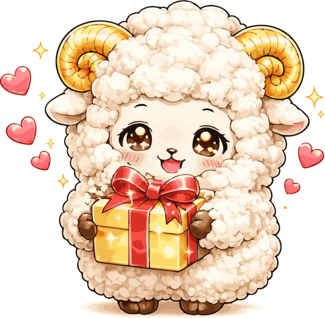 赤いリボンのプレゼント箱を渡すかわいい羊（背景透過PNG）