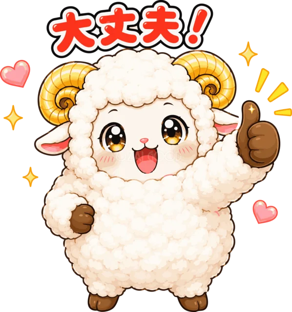 親指を立てて大丈夫と励ます笑顔の羊（背景透過PNG）
