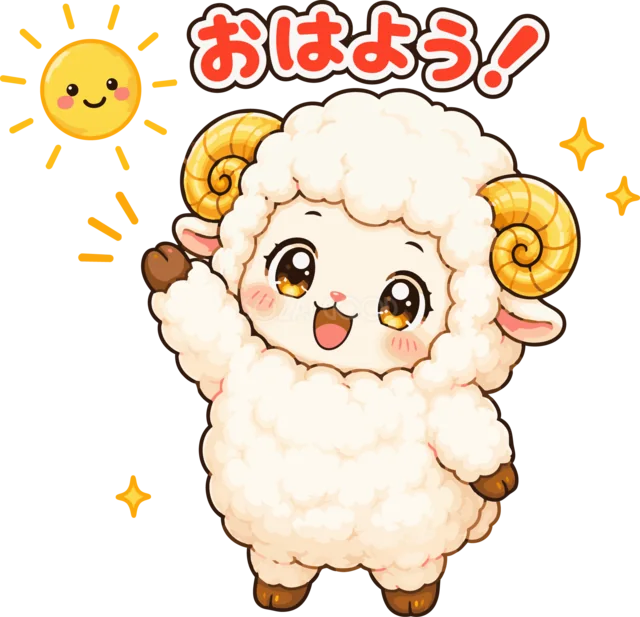 朝日に手を振っておはようとあいさつする羊（背景透過PNG）