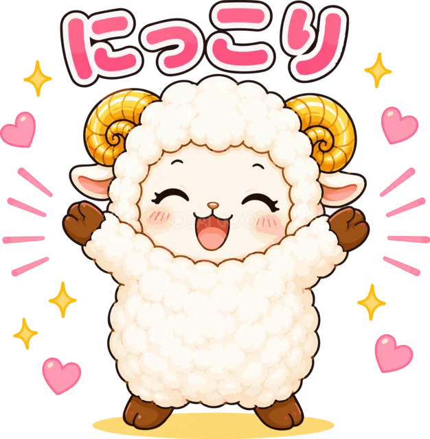 両手を上げてにっこり笑うかわいい羊（背景透過PNG）
