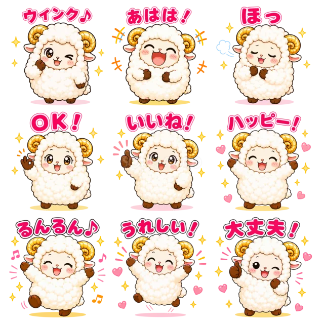 ポジティブな言葉と表情を描いた羊イラスト9種類の一覧（背景透過PNG）