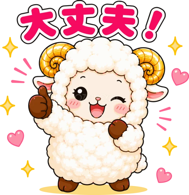 「大丈夫！」と励ますかわいい羊（背景透過PNG）