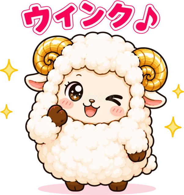 「ウインク♪」の文字と片目を閉じる羊（背景透過PNG）