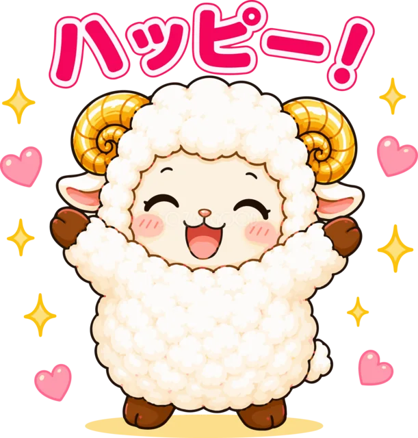 「ハッピー！」と両手を上げて喜ぶ羊（背景透過PNG）