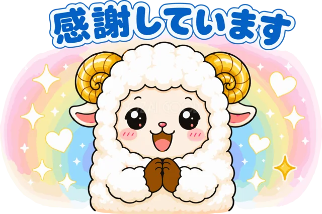 虹色のハートに囲まれて感謝していますと伝える羊（背景透過PNG）