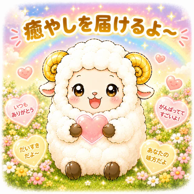 花畑でハートを抱え癒しを届ける羊（背景透過PNG）