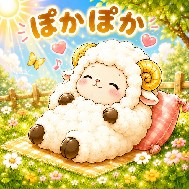 日なたのクッションでぽかぽか眠る羊（背景透過PNG）
