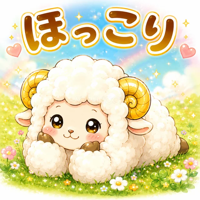 草花の上でほっこりくつろぐかわいい羊（背景透過PNG）