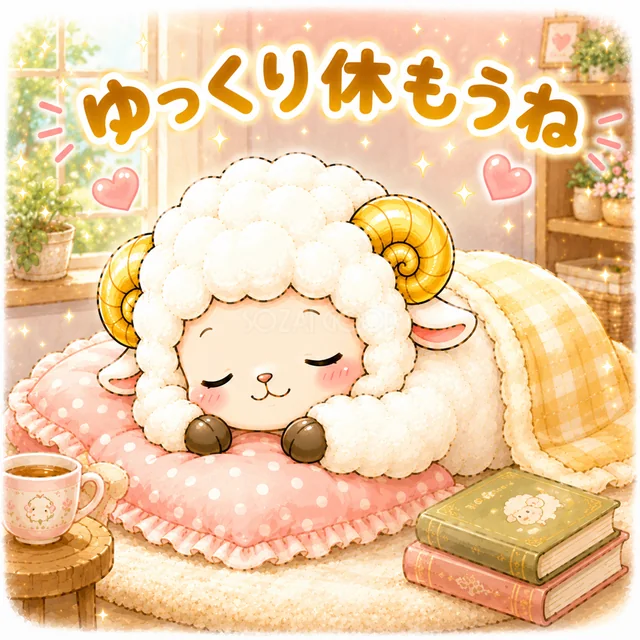 枕と毛布でゆっくり休むかわいい羊（背景透過PNG）