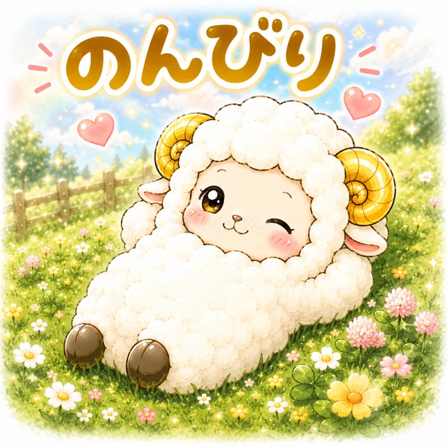 花畑に寝転びのんびり過ごす文字入りの羊（背景透過PNG）