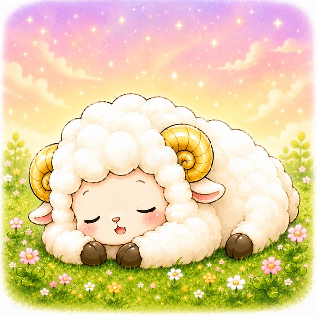 夕焼け空の花畑に横になって眠る羊・文字なし（背景透過PNG）