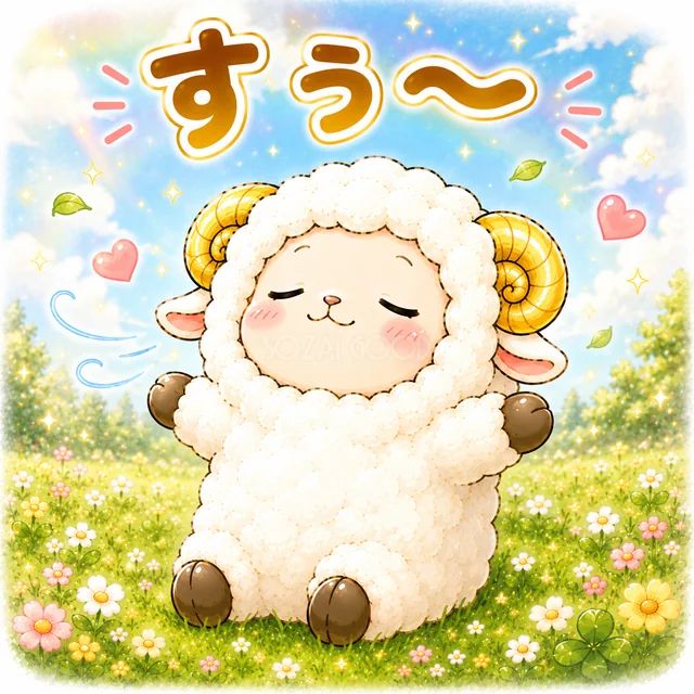 青空の花畑で深呼吸する文字入りの羊（背景透過PNG）