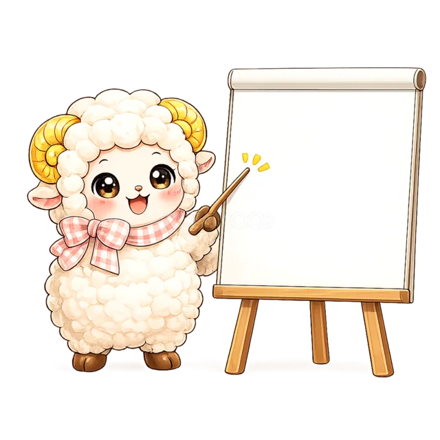 白いボードを使って説明する羊（背景透過PNG）
