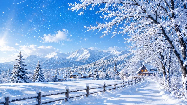 雪山と雪化粧した木々が広がる冬の田園風景背景
