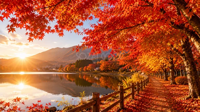 湖面に夕日が輝く鮮やかな紅葉並木の秋背景