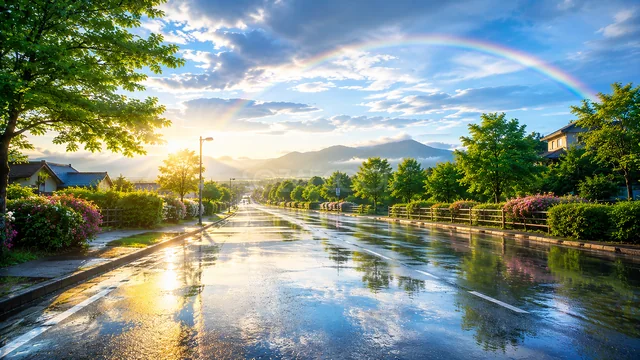 雨上がりの道に虹と夕日が差す初夏の田園風景背景