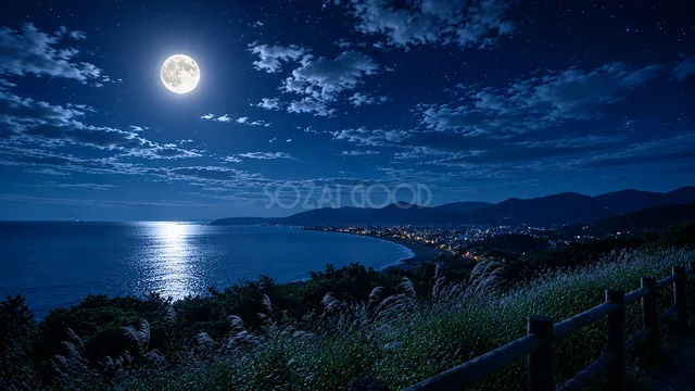 満月の光が海面を照らす静かな海岸の夜景背景