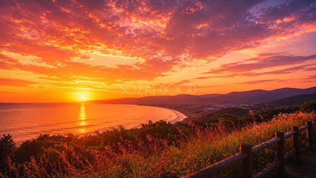 海に沈む夕日と赤く染まる空を望む海岸風景背景