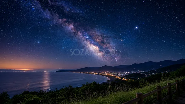 天の川と海辺の街明かりを望む満天の星空背景