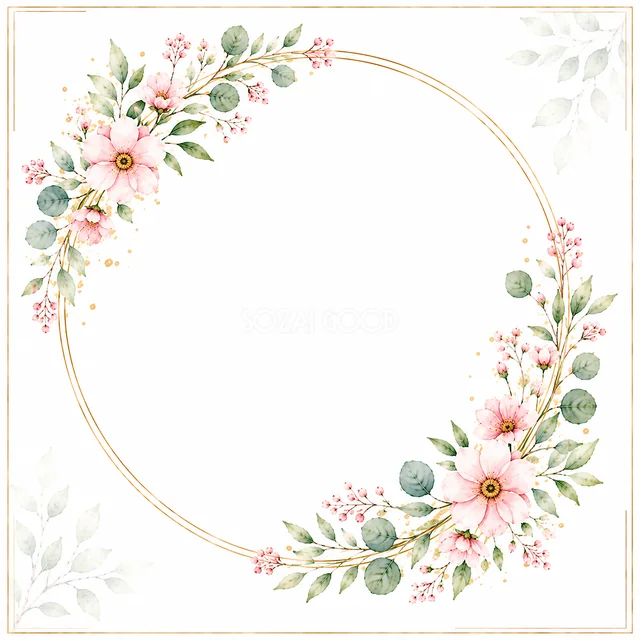ピンクの花とユーカリの金色円形リースのボタニカル円形フレーム