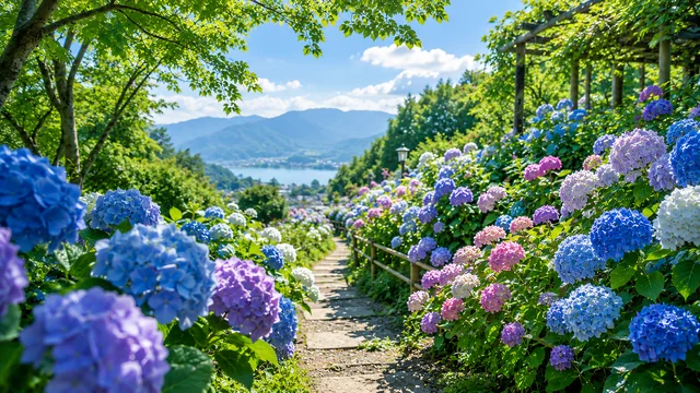 青と紫のアジサイに囲まれた海辺の散歩道背景