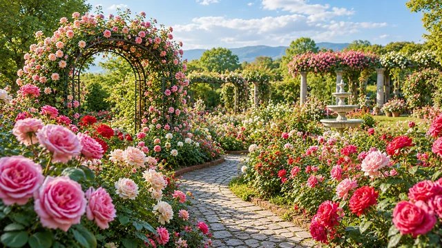 バラのアーチと色鮮やかな花が咲く英国庭園背景