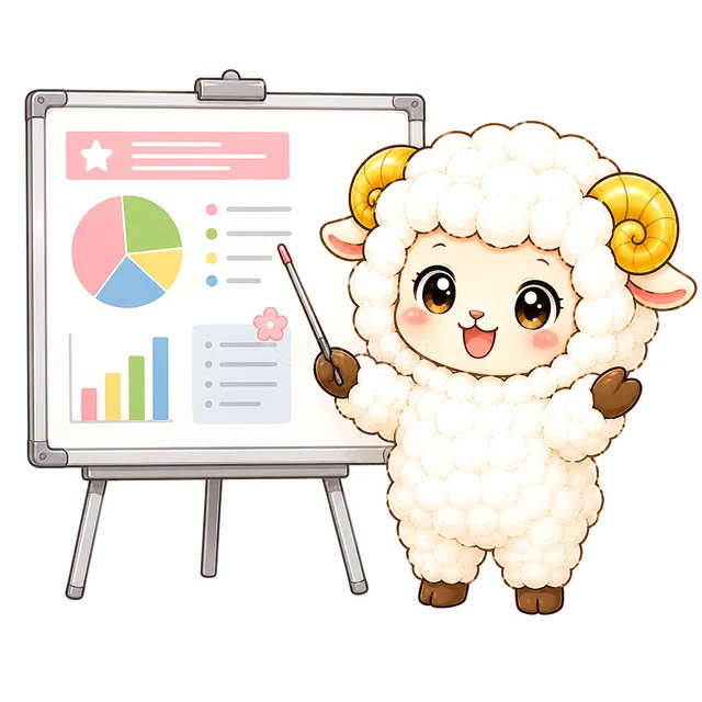 グラフ入りのボードを指して発表する羊（背景透過PNG）