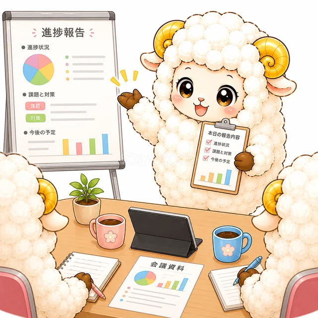 進捗報告の資料を使って会議する羊（背景透過PNG）