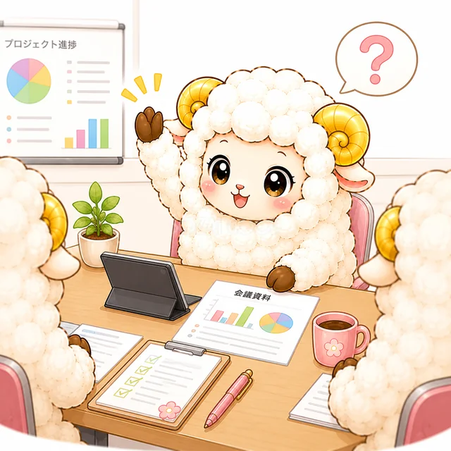 プロジェクト資料について質問を受ける羊（背景透過PNG）