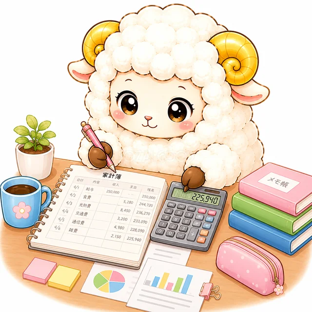 電卓と帳簿を使って会計作業をする羊（背景透過PNG）