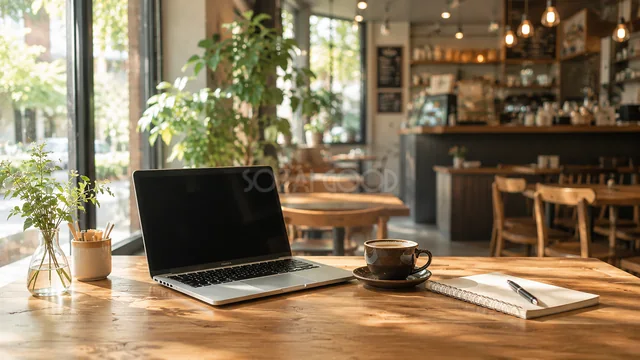 カフェの木製テーブルにノートパソコンとコーヒーを置いた仕事背景
