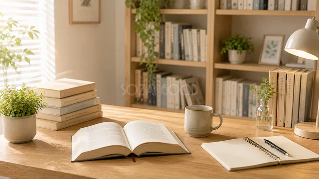 開いた本とコーヒーを置いた明るい書斎デスク背景
