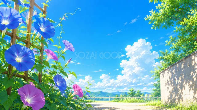 朝顔と入道雲を描いた爽やかな夏の青空背景