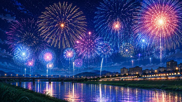 夜空を彩る大輪の花火と水面に映る夏祭り背景