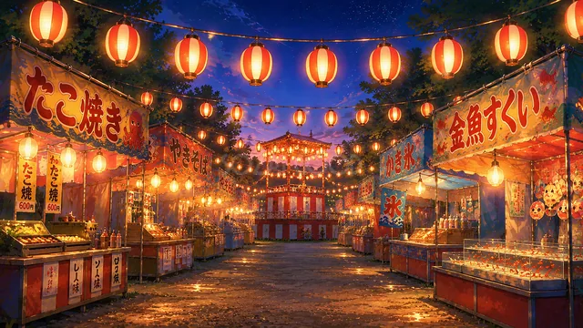 赤い提灯と屋台が並ぶにぎやかな夏祭り会場背景