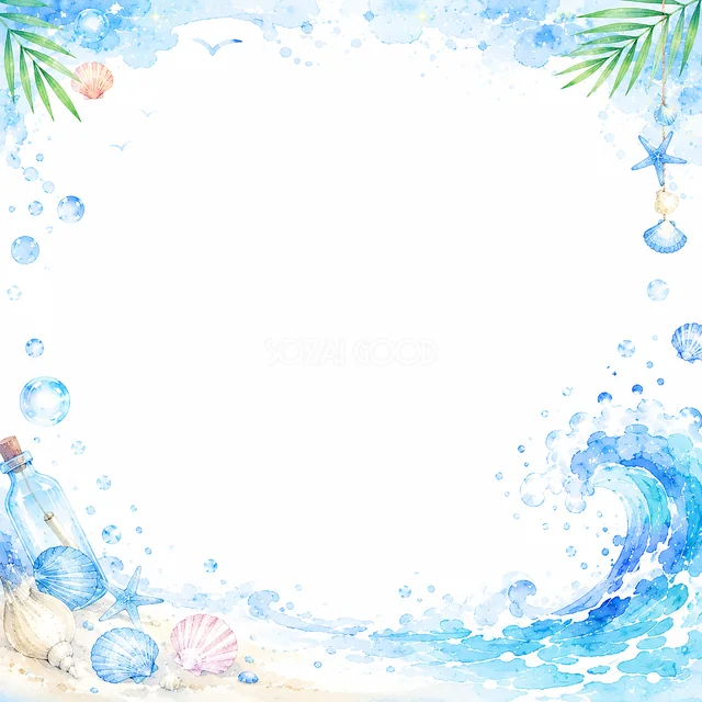 波と貝殻の海辺の夏の風物詩フレーム