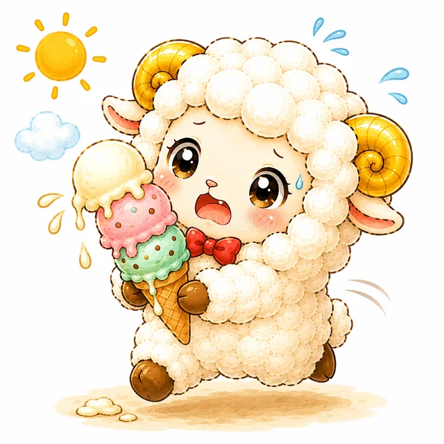 溶けそうな3段アイスクリームを持つ夏の羊（背景透過PNG）