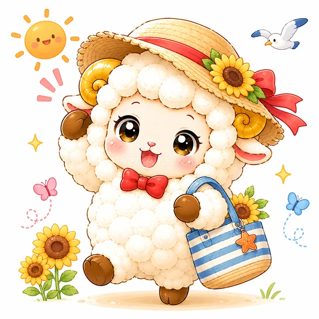 麦わら帽子とバッグで夏のお出かけをする羊（背景透過PNG）